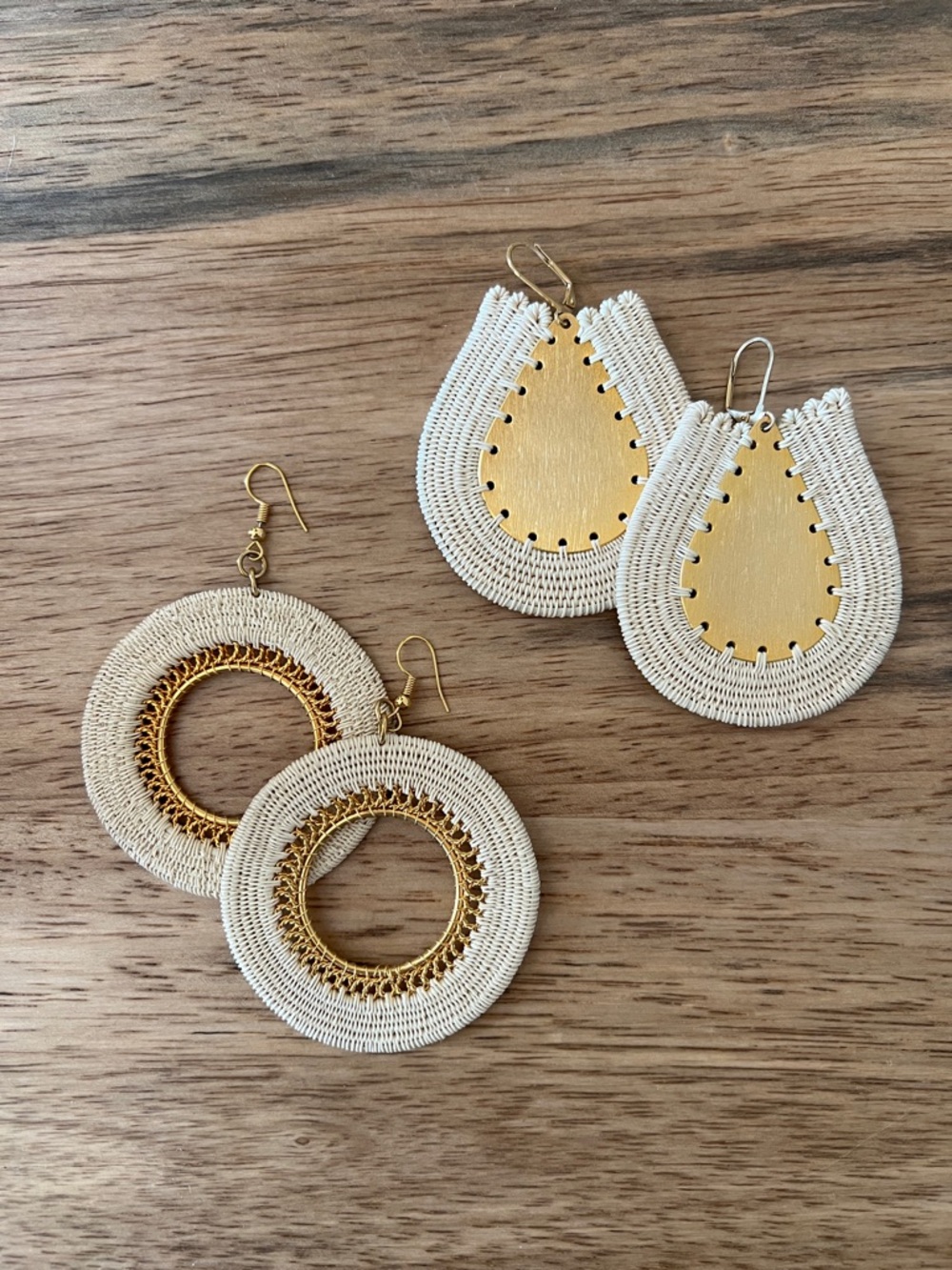 Handmade Cream and Gold Woven Drop Earrings - Lightweight Women’s Jewelry